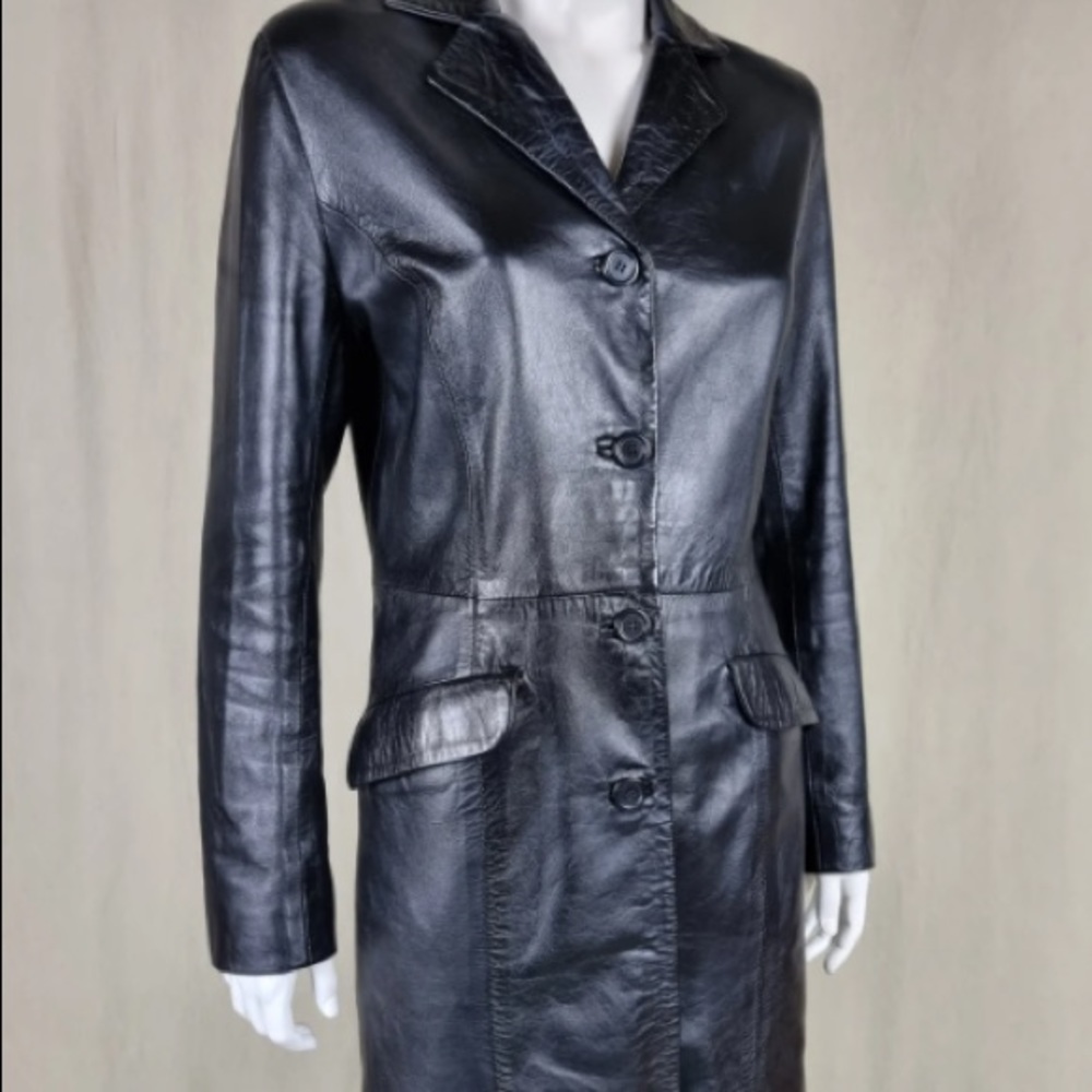 90's Fitted Black Lambskin Leather Coat Jacket, Vintage Goth Grunge